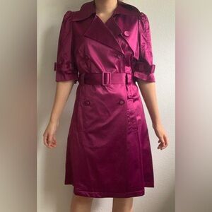 Vintage Elle Satin Trenchcoat Magenta Double Breasted Jacket Size Small